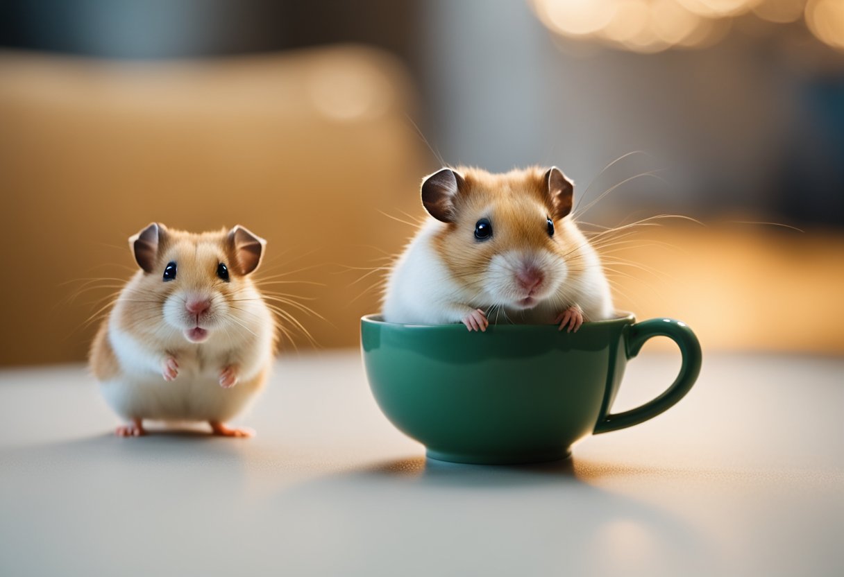 A hamster stands next to a small cup of coffee, looking curious but unsure
