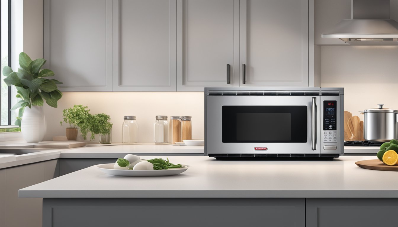 A Europace microwave sits on a clean, modern kitchen counter, its sleek design and digital display catching the light