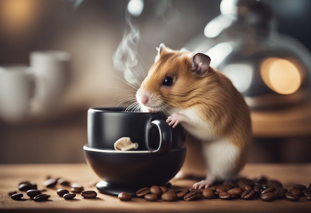 A hamster sitting on a tiny chair, sipping from a miniature coffee cup, surrounded by coffee beans and a steaming coffee pot