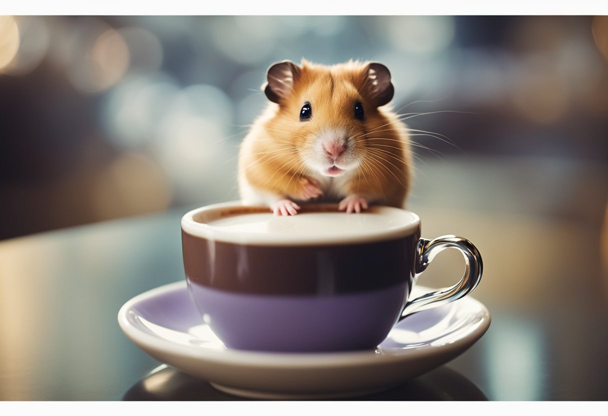 A hamster sits next to a small coffee cup, looking up inquisitively. Text reads "Frequently Asked Questions: Can hamsters have coffee?"