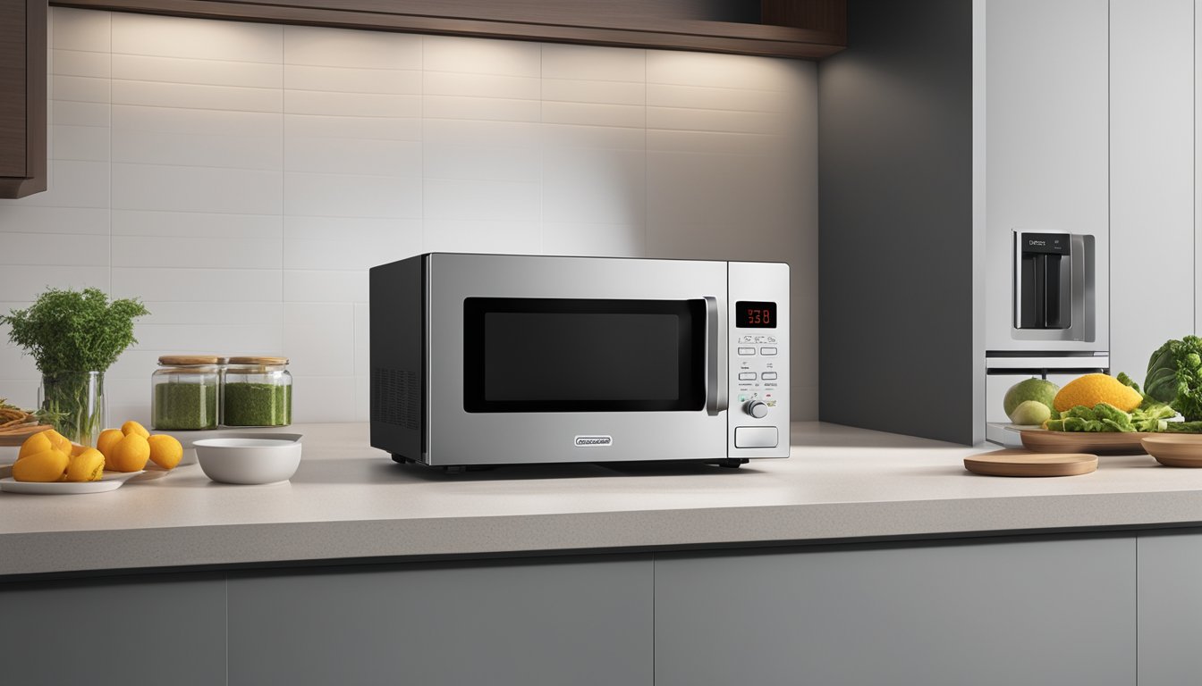 A sleek Europace microwave sits on a clean, modern kitchen countertop, its digital display glowing with the time and temperature settings