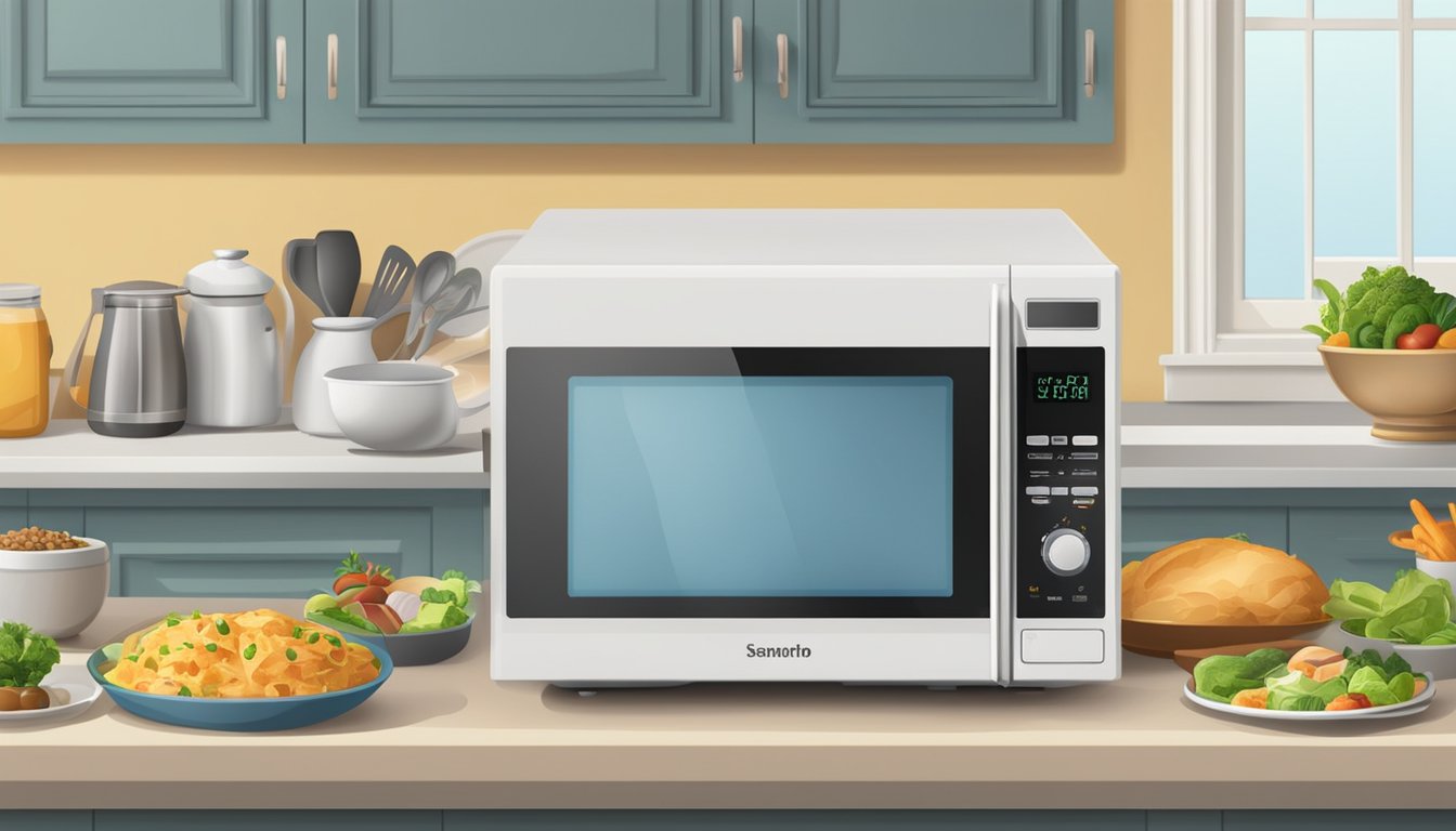 A microwave with "Frequently Asked Questions" displayed on the digital screen, surrounded by various food items and kitchen utensils