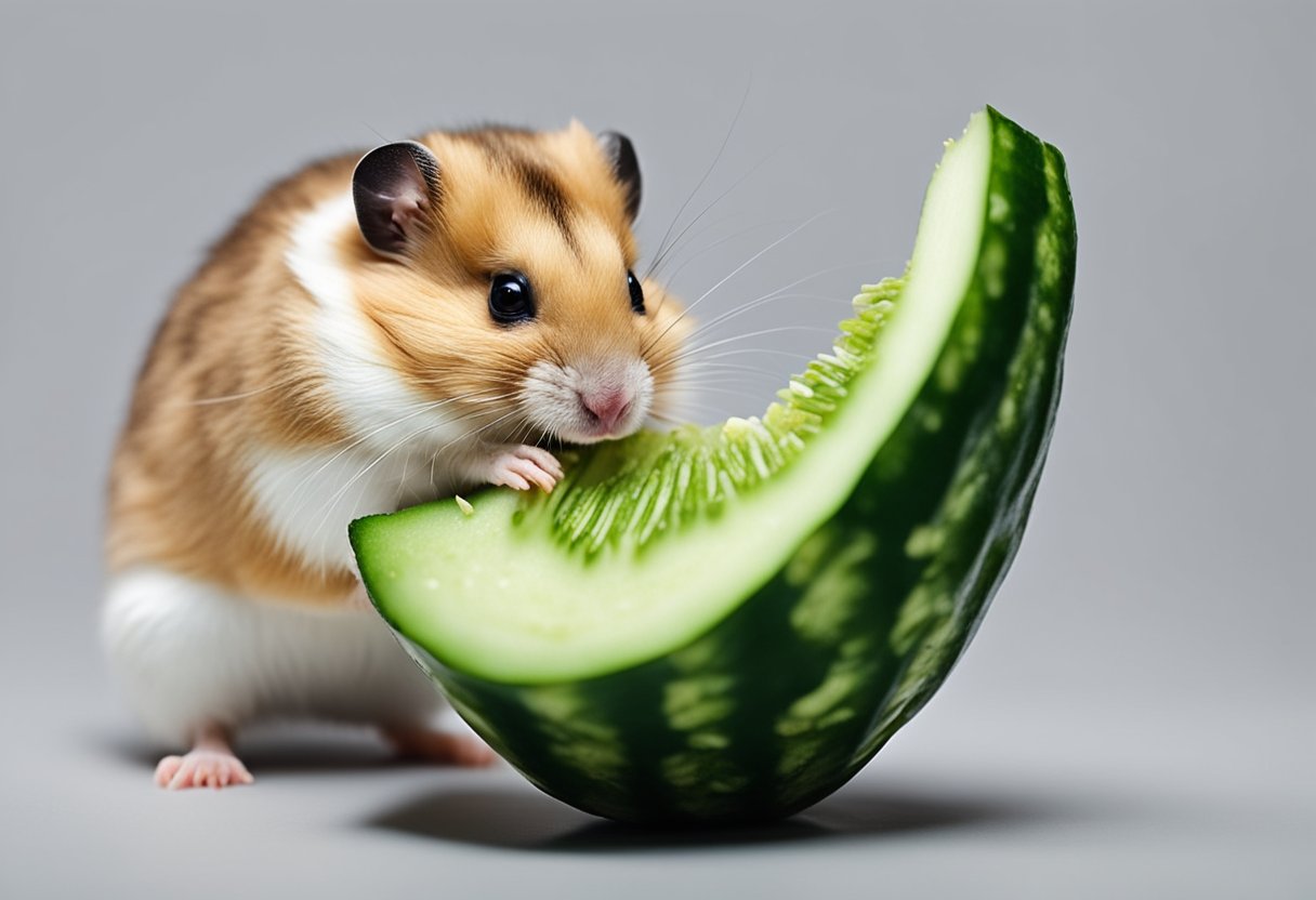 A hamster nibbles on a fresh cucumber slice, its tiny paws holding the green vegetable as it munches away happily