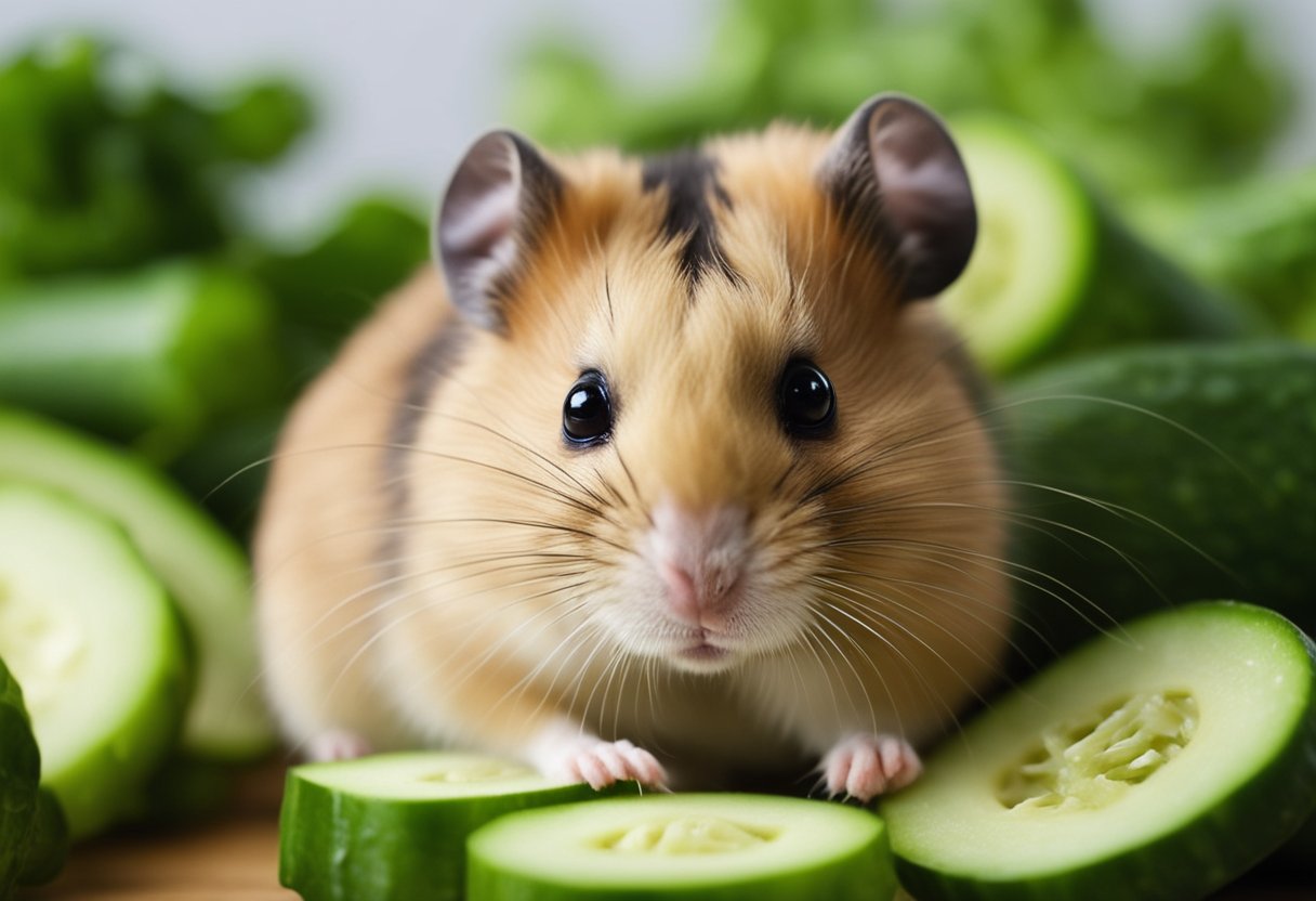 A hamster nibbles on a fresh cucumber, its small paws holding the green vegetable. The hamster's whiskers twitch with contentment as it enjoys the hydrating and nutritious snack