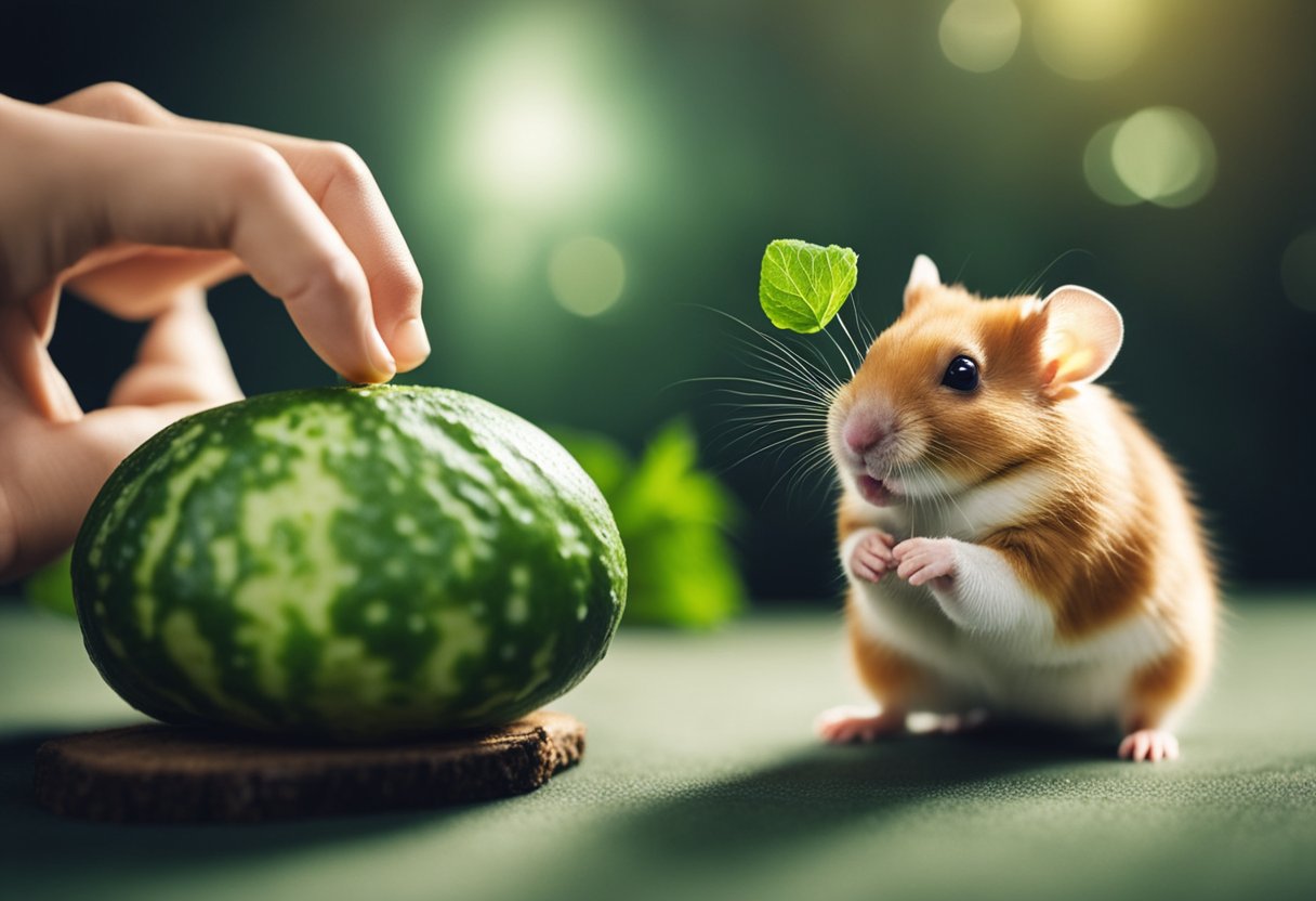 A hand offers a cucumber slice to a curious hamster