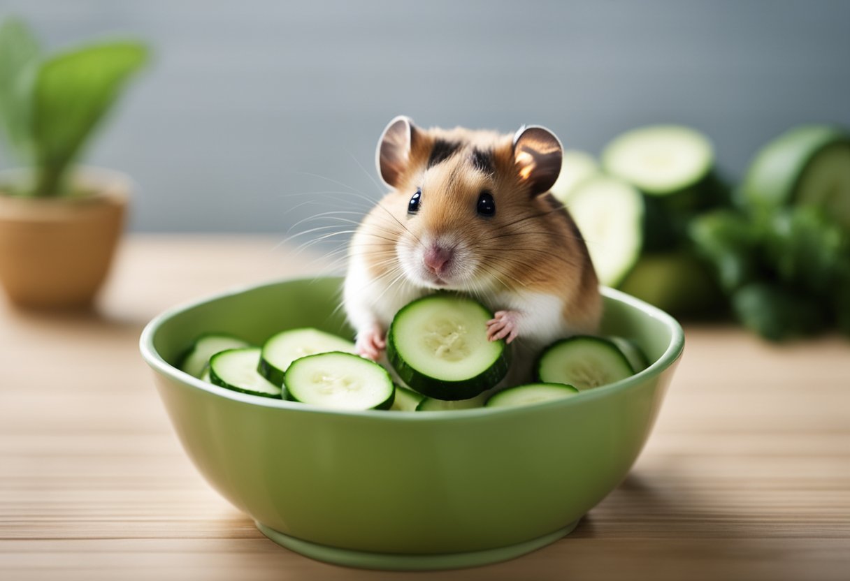 A hamster sits in a cage with a fresh cucumber slice in its bowl