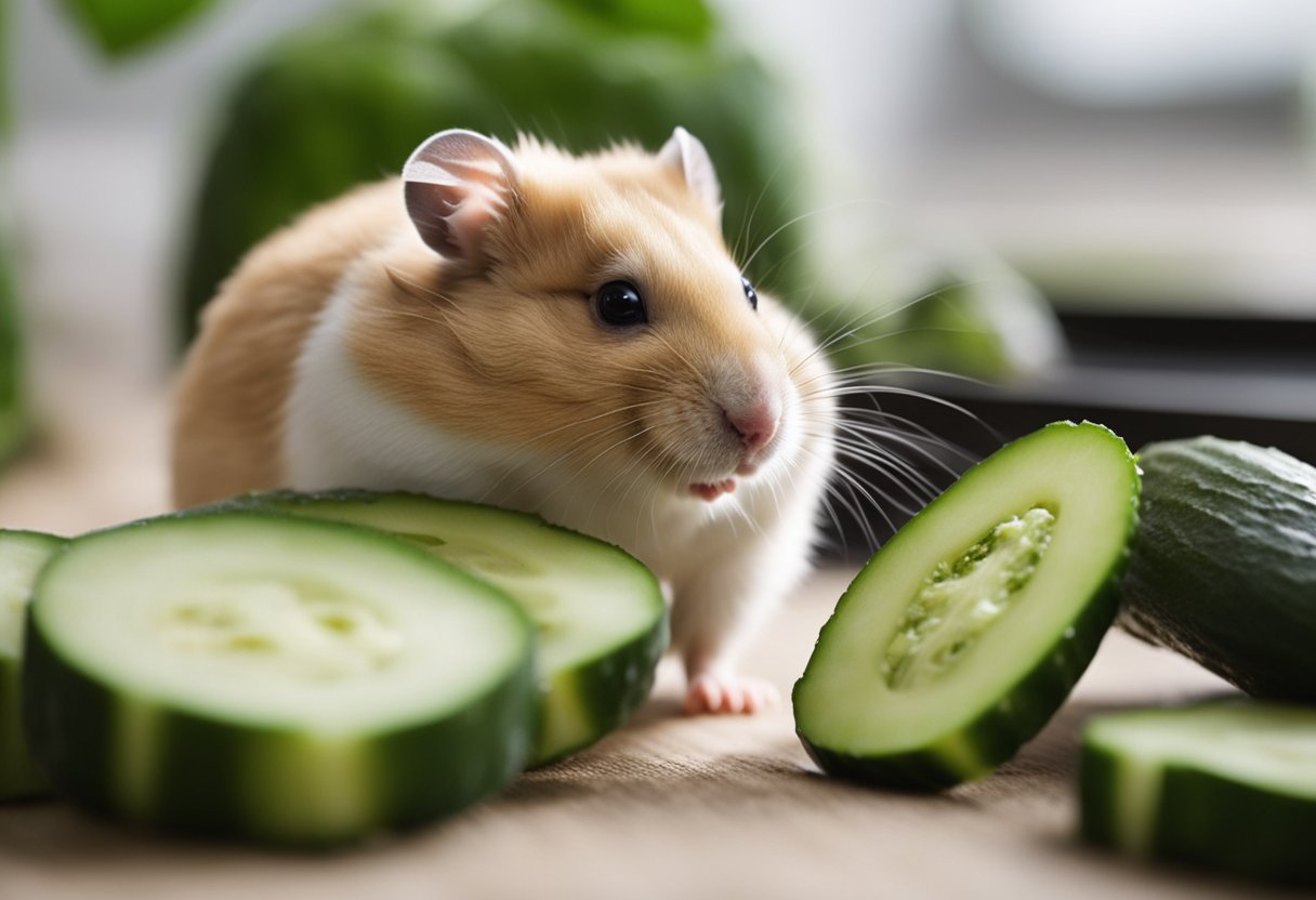 A hamster sits near a cucumber, sniffing it cautiously