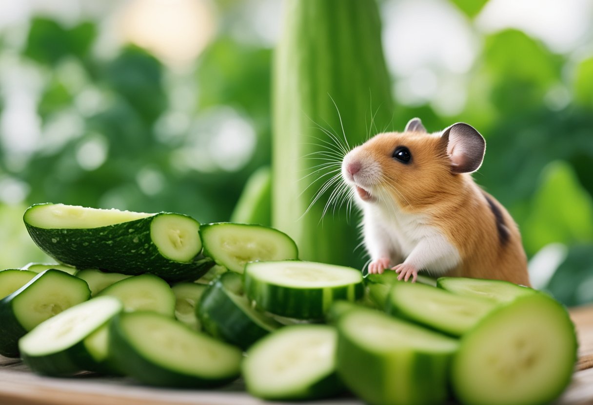 A hamster sits beside a fresh cucumber, sniffing it with curiosity. The question "Can hamsters eat cucumber?" hovers above in bold letters