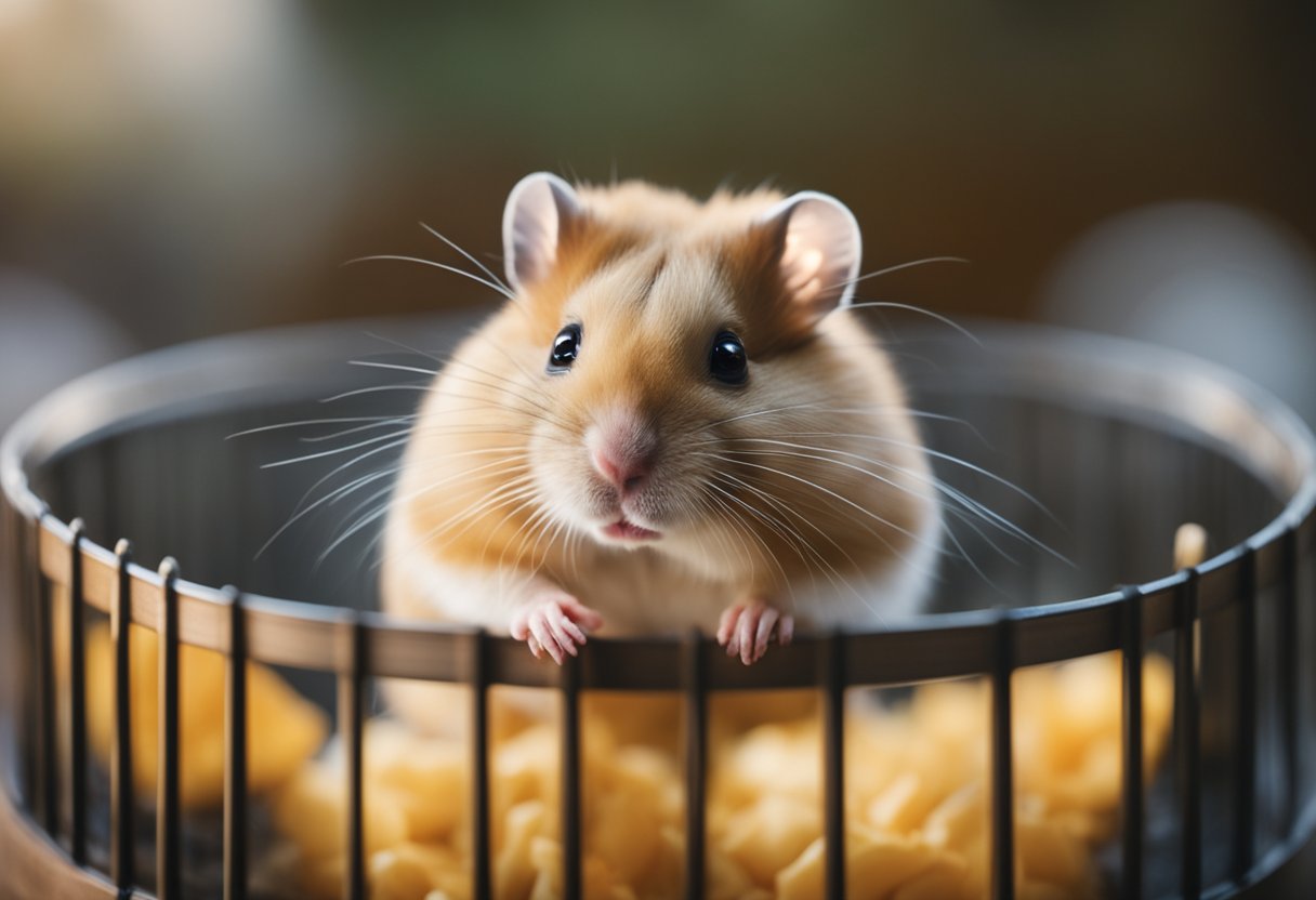 A hamster sits in its cage, sniffing at its food bowl with a bored expression