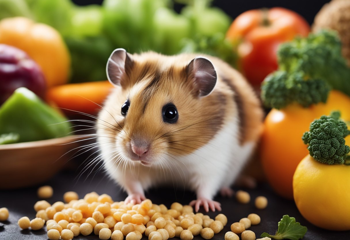 A hamster surrounded by a variety of fresh fruits, vegetables, and pellets, with a curious expression on its face as it sniffs and nibbles on different foods
