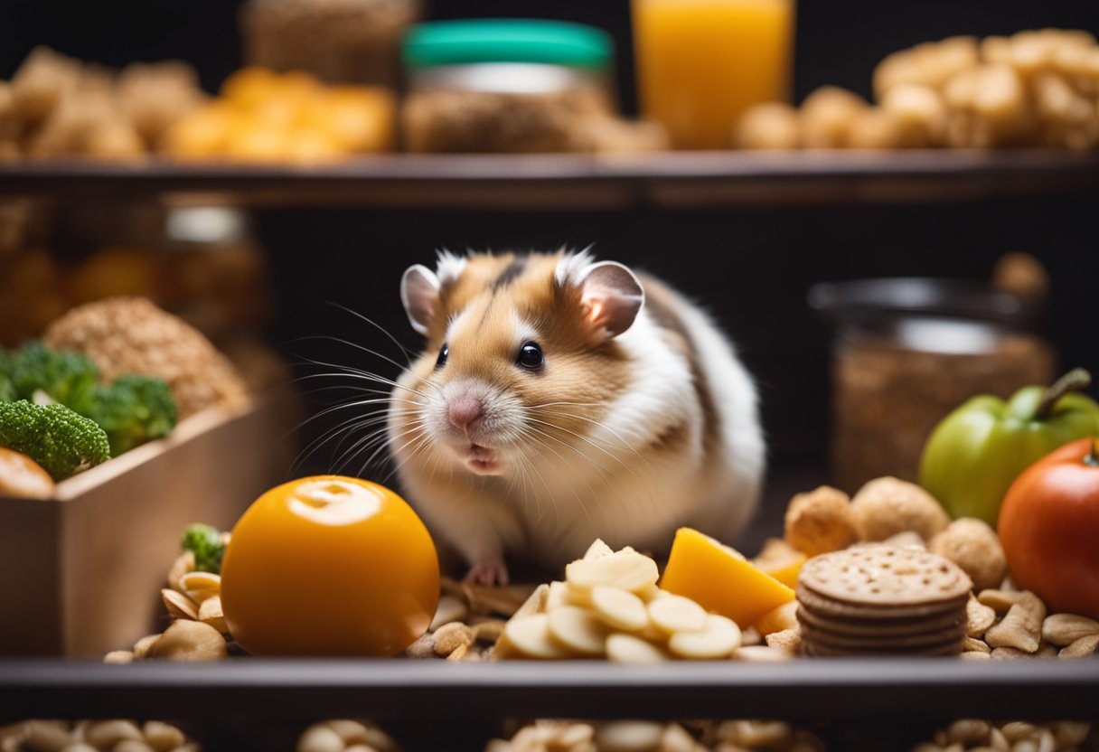 A hamster sits in its cage, surrounded by various food options. Its expression suggests boredom as it sniffs at the different items