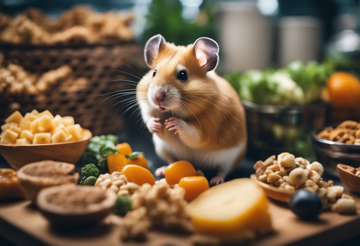 A hamster sits in its cage, surrounded by various types of food. It looks uninterested and unmotivated to eat, suggesting boredom with its meal options
