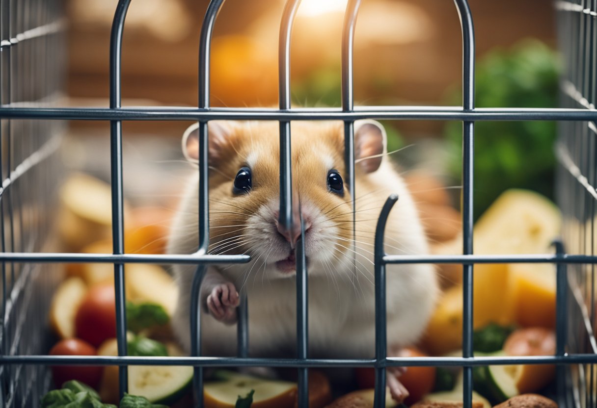 A hamster in a cage, surrounded by various food options. Its curious eyes and twitching nose show interest in the different foods