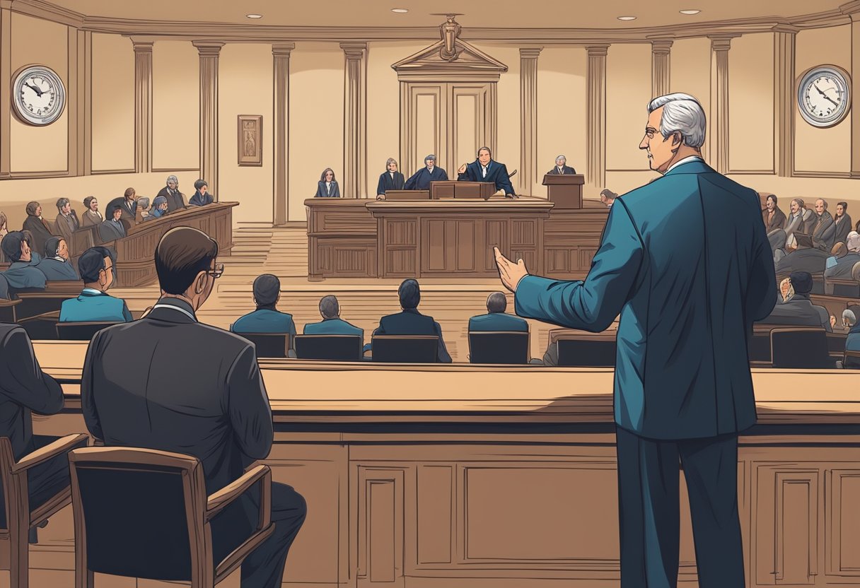 A courtroom with a judge presiding over a conciliation hearing, where individuals in financial distress seek resolution for their superindebtedness