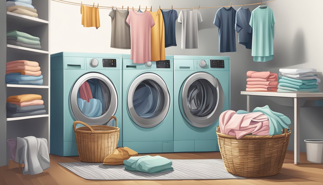 A basket of clothes, a washing machine, a clothesline with hanging garments, and a pile of folded laundry