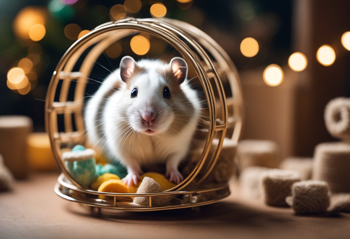 A hamster running on a wheel inside a cozy cage, surrounded by chew toys and a pile of fresh bedding