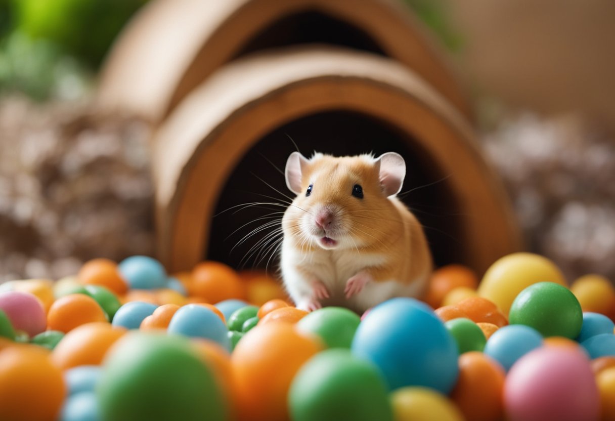 A hamster happily scurries through a spacious, colorful habitat filled with tunnels, wheels, and cozy bedding. Fresh food and water are easily accessible, creating a comfortable and stimulating environment for the small furry creature