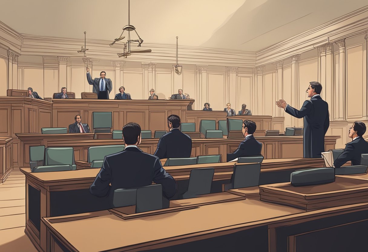 A courtroom with a judge presiding over a conciliation hearing for superindebted individuals, with lawyers presenting arguments and a tense atmosphere