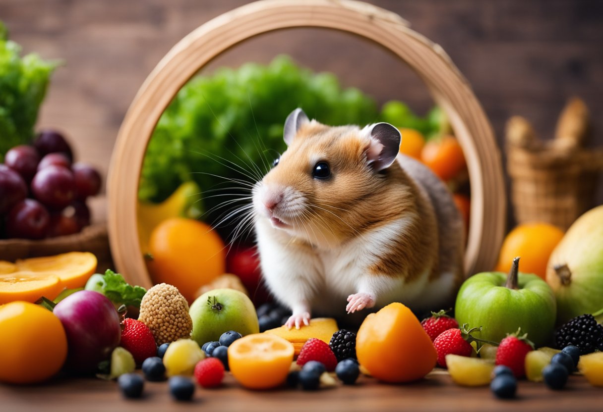 A hamster munches on a variety of fresh fruits and vegetables in its cozy cage, surrounded by a colorful assortment of nutritious seeds and pellets
