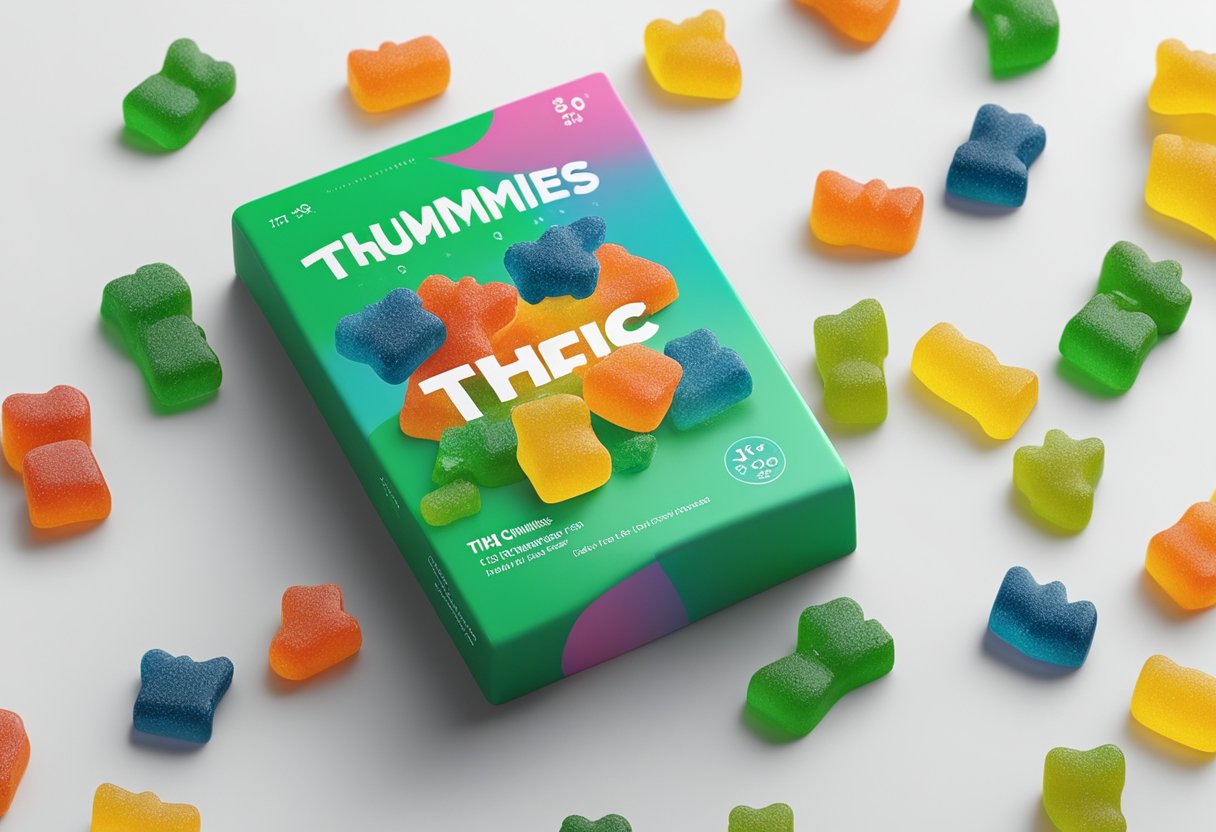 A colorful package of THC gummies sits on a clean, modern countertop. The gummies are neatly arranged and look enticing, with the words "THC Gummies" prominently displayed on the packaging