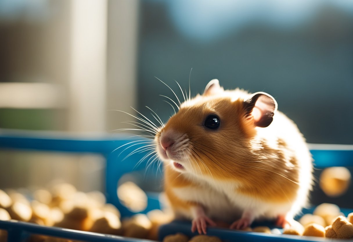 A hamster in a spacious cage with a wheel, chew toys, and bedding. A water bottle and food dish are filled. Sunshine streams through a nearby window