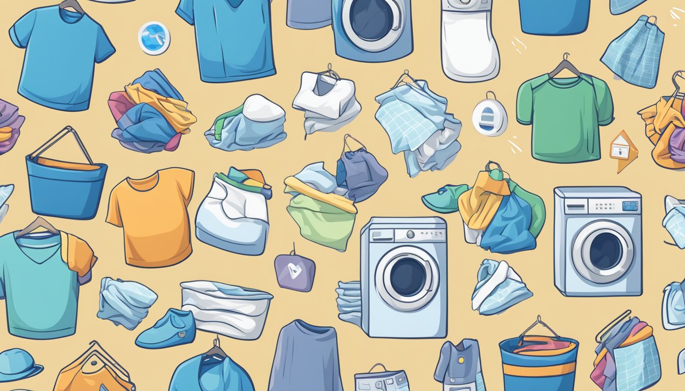 A pile of laundry with various symbols on the care tags, including washing, drying, ironing, and bleaching icons
