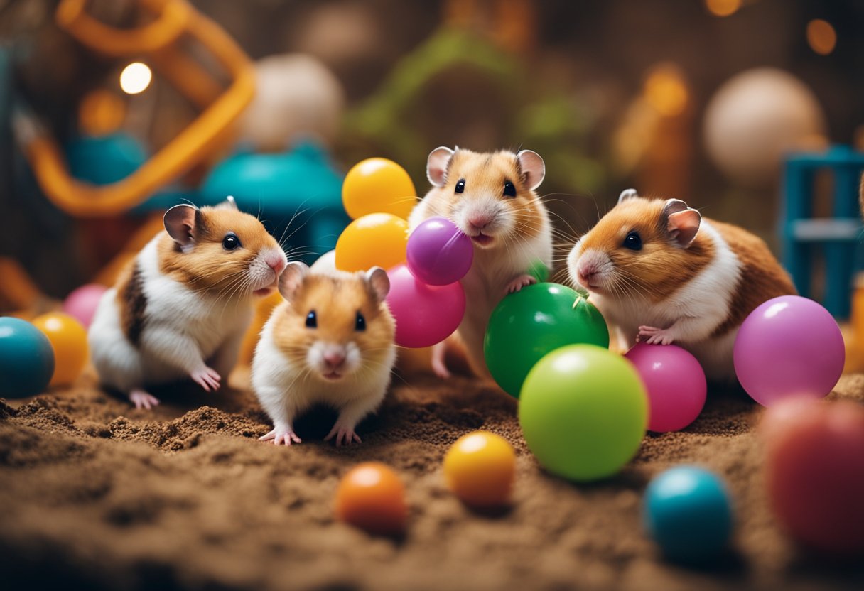A group of lively hamsters playing with toys and exploring a spacious, colorful habitat filled with tunnels and hiding spots