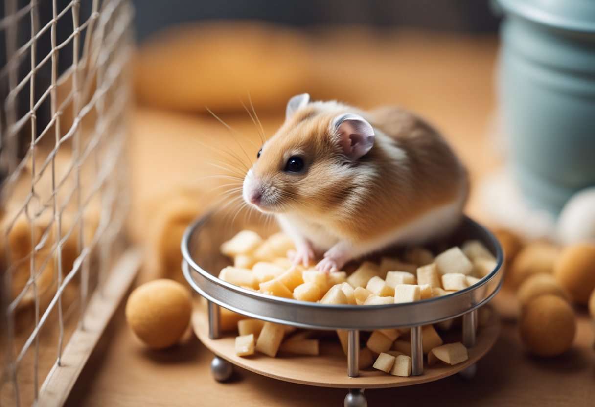 A hamster running on a wheel with a full food bowl and a cozy bed in a cage