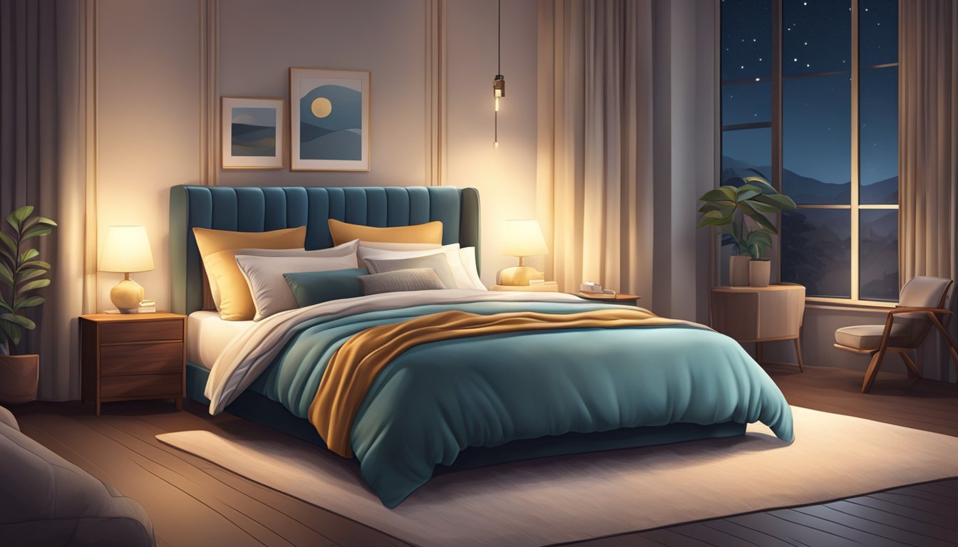 A cozy bedroom with a luxurious mattress, soft bedding, and dim lighting, creating a tranquil and comfortable sleep environment