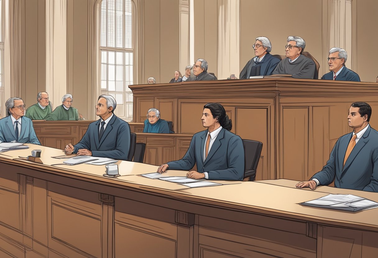 A courtroom with a judge presiding over a conciliation hearing, with two parties facing each other at a table, discussing a resolution for a superindebtedness case