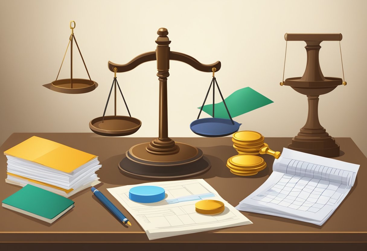 A table with financial documents, a scale representing balance, and a gavel symbolizing resolution