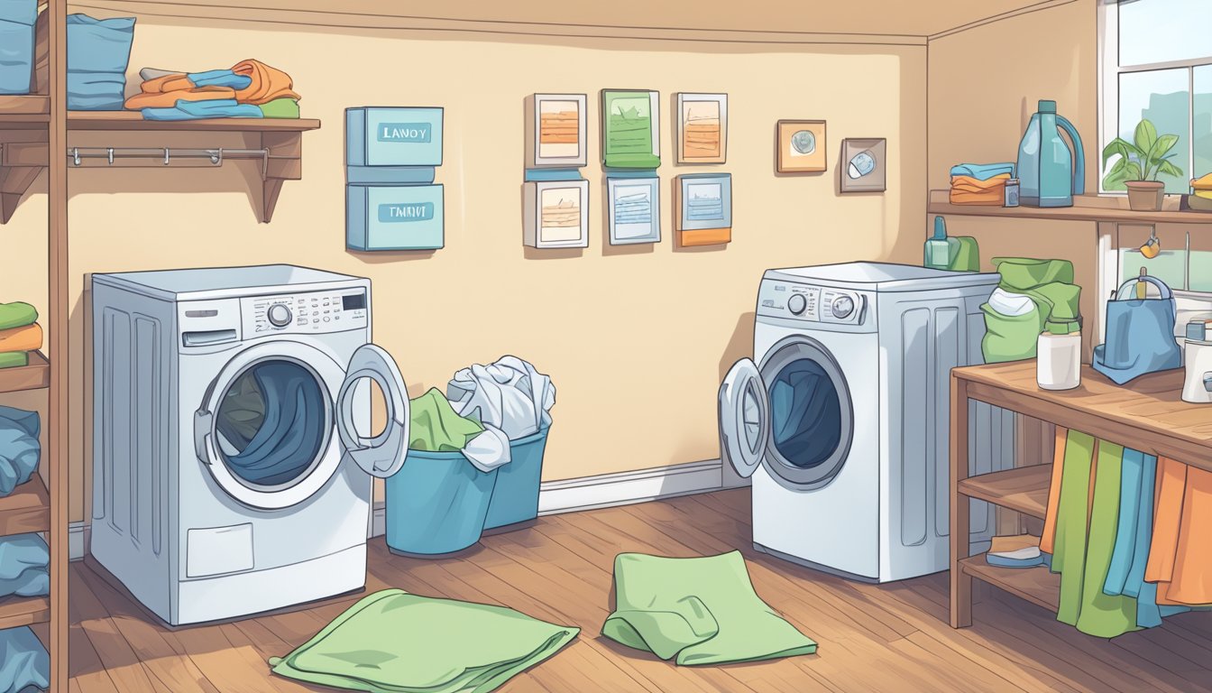 A pile of laundry with various icons above it: a washing machine, water temperature, bleach, and drying instructions