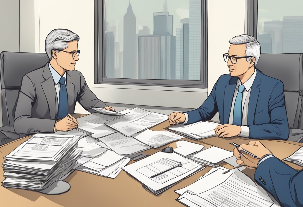 A mediator facilitates a discussion between two parties in a calm and neutral setting, with documents and financial statements spread out on the table