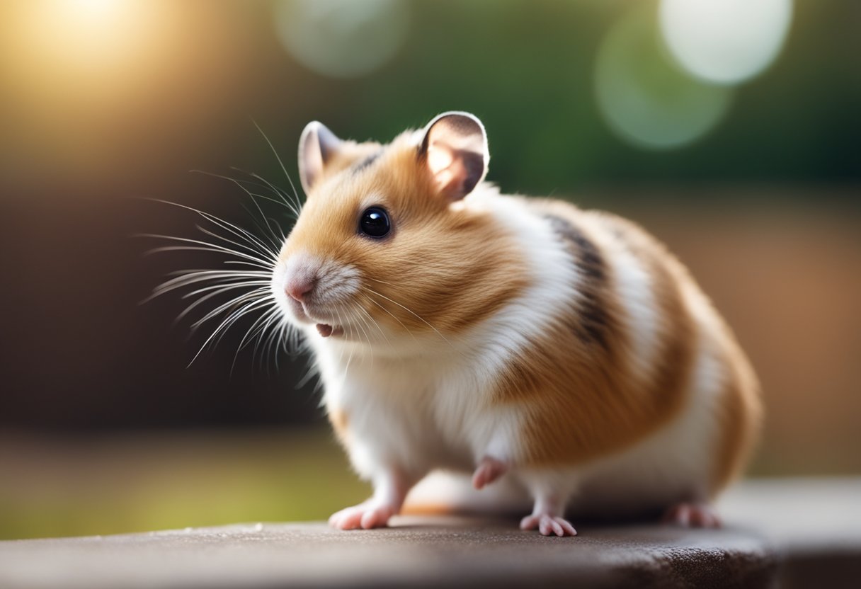 A hamster facing the person, ears perked up, and eyes bright, leaning towards them with a relaxed body posture