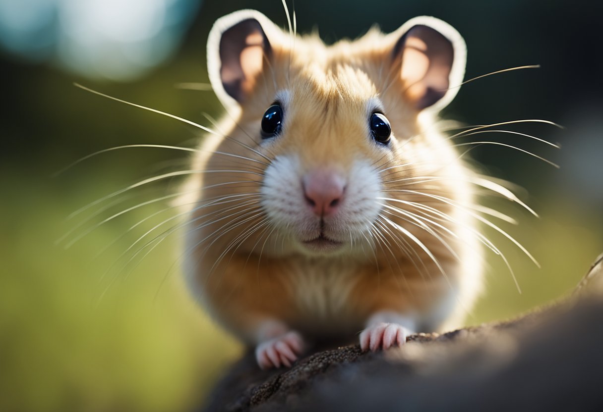 A hamster sits still, facing the person with bright, curious eyes and a relaxed body posture. It may approach the person willingly and show interest in interacting with them