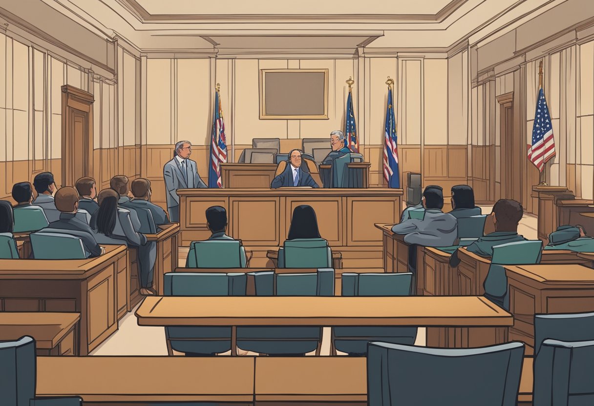 A courtroom with a judge presiding over a conciliation hearing for debt-ridden individuals seeking support. Tables and chairs are arranged for parties to discuss resolutions