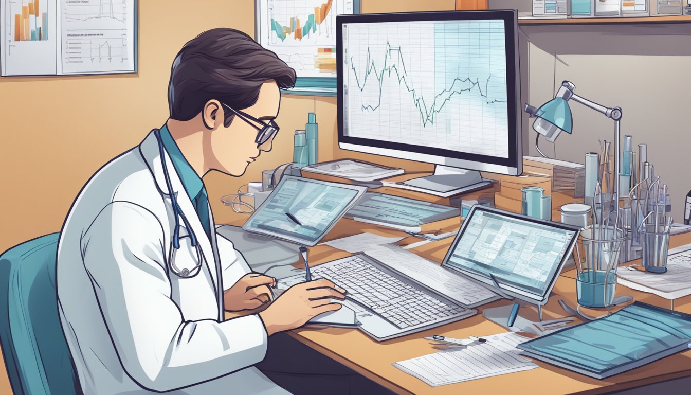A medical researcher examines data from the latest Acute Coronary Syndrome trials, surrounded by charts, graphs, and medical equipment