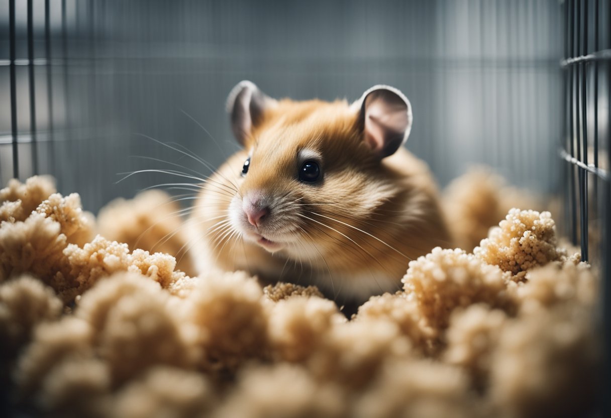A hamster cage with soiled bedding and a pungent odor