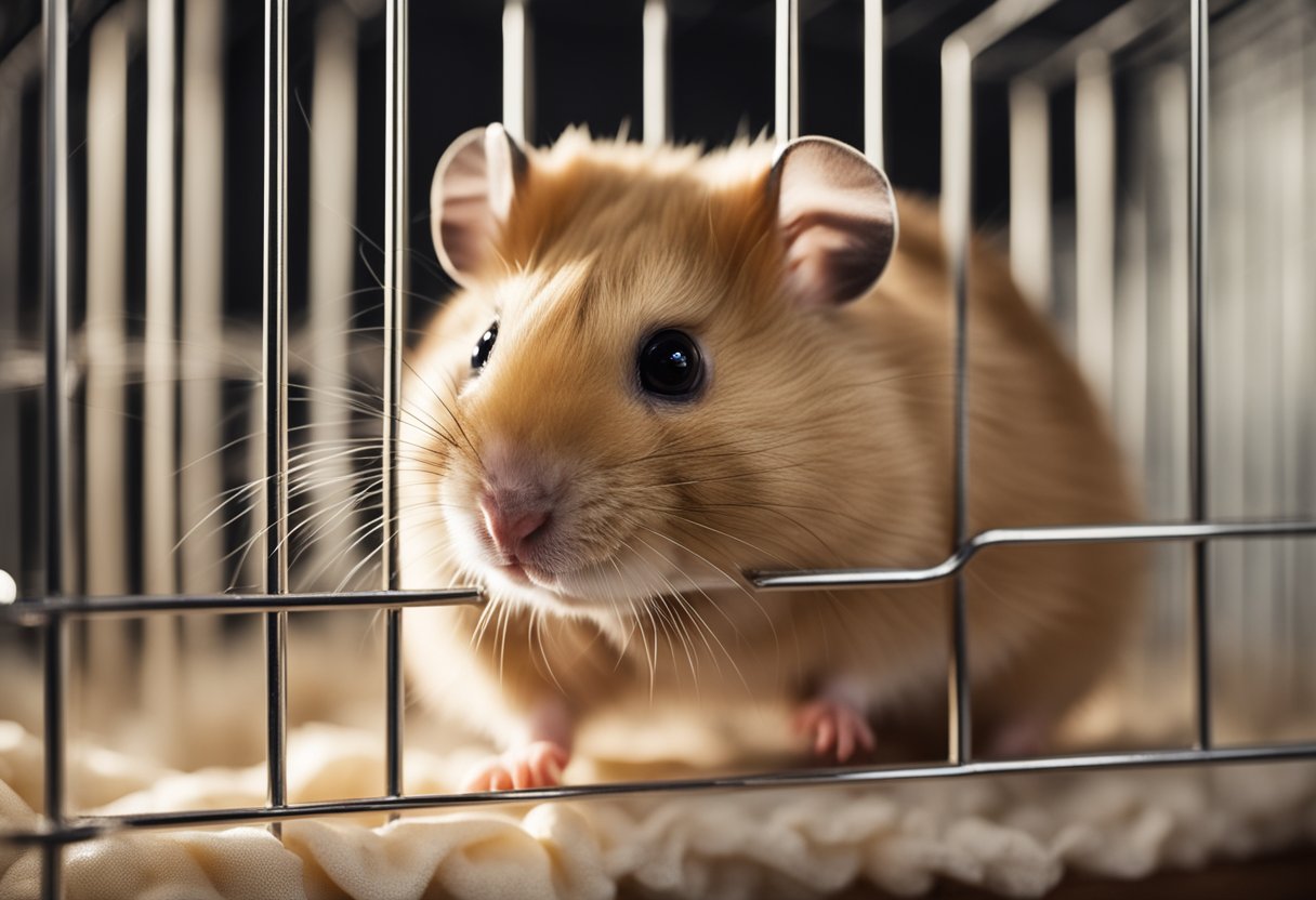 A hamster cage with soiled bedding and a strong odor