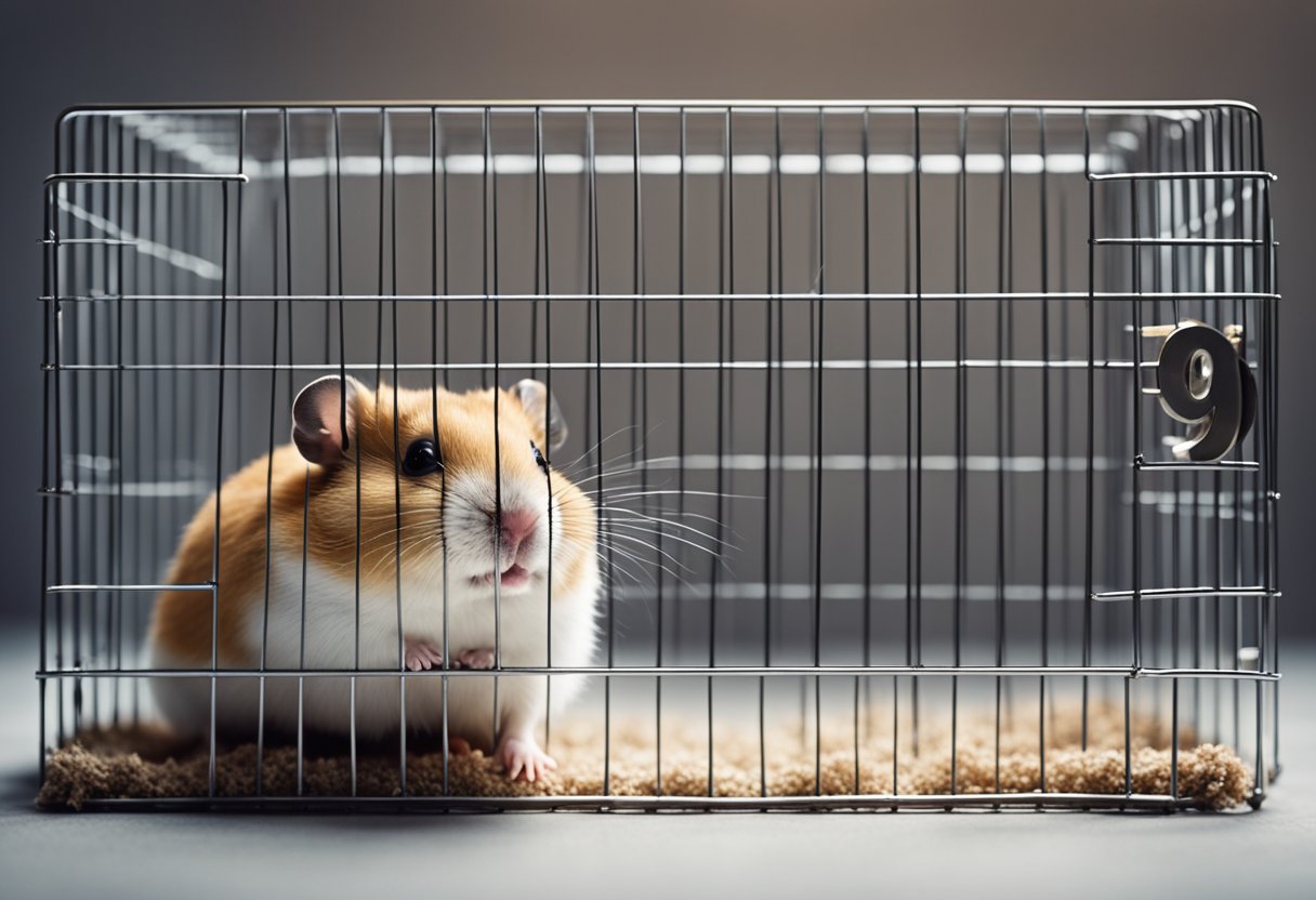 A hamster sitting in a cage with a question mark above its head, surrounded by cartoonish stink lines