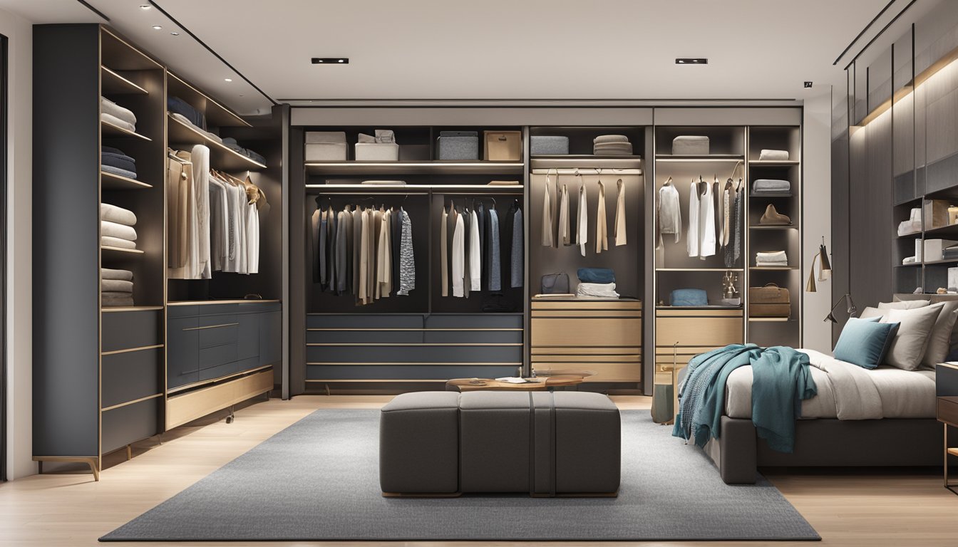 A spacious and modern wardrobe stands in a well-lit room with sleek furniture and vibrant decor. The wardrobe is filled with neatly organized clothing and accessories, showcasing the variety of options available for a Singapore home
