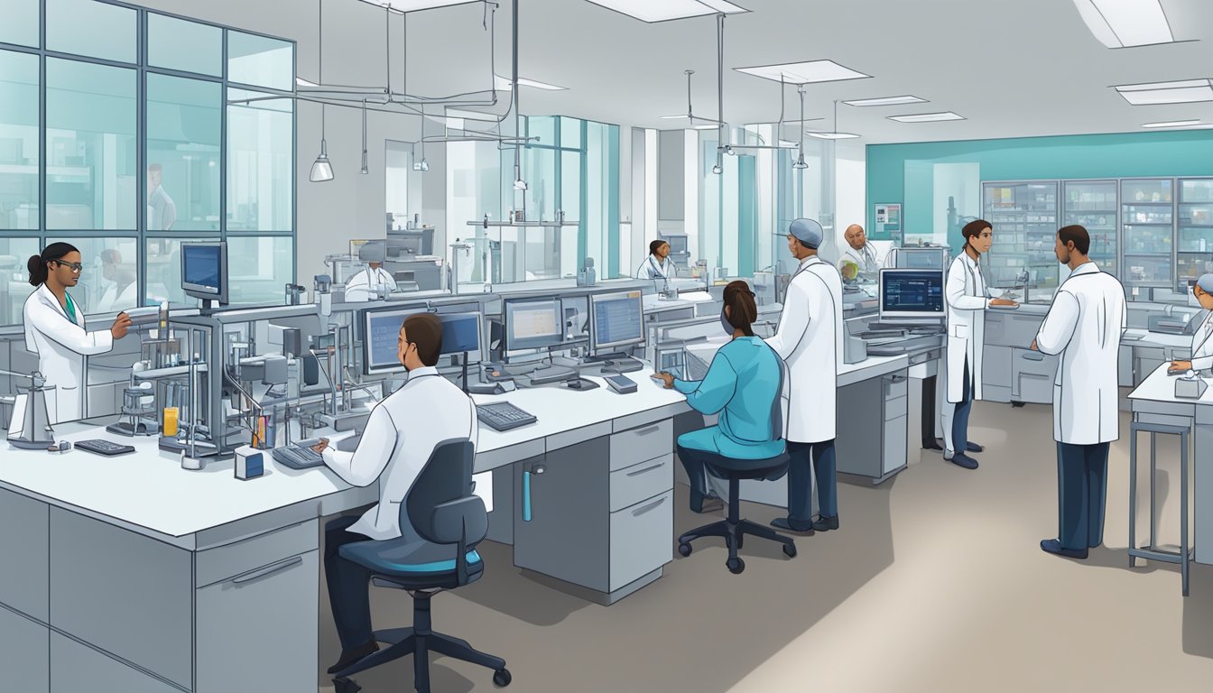 A bustling cardiology lab with researchers analyzing data and conducting experiments for the latest heart failure clinical trials