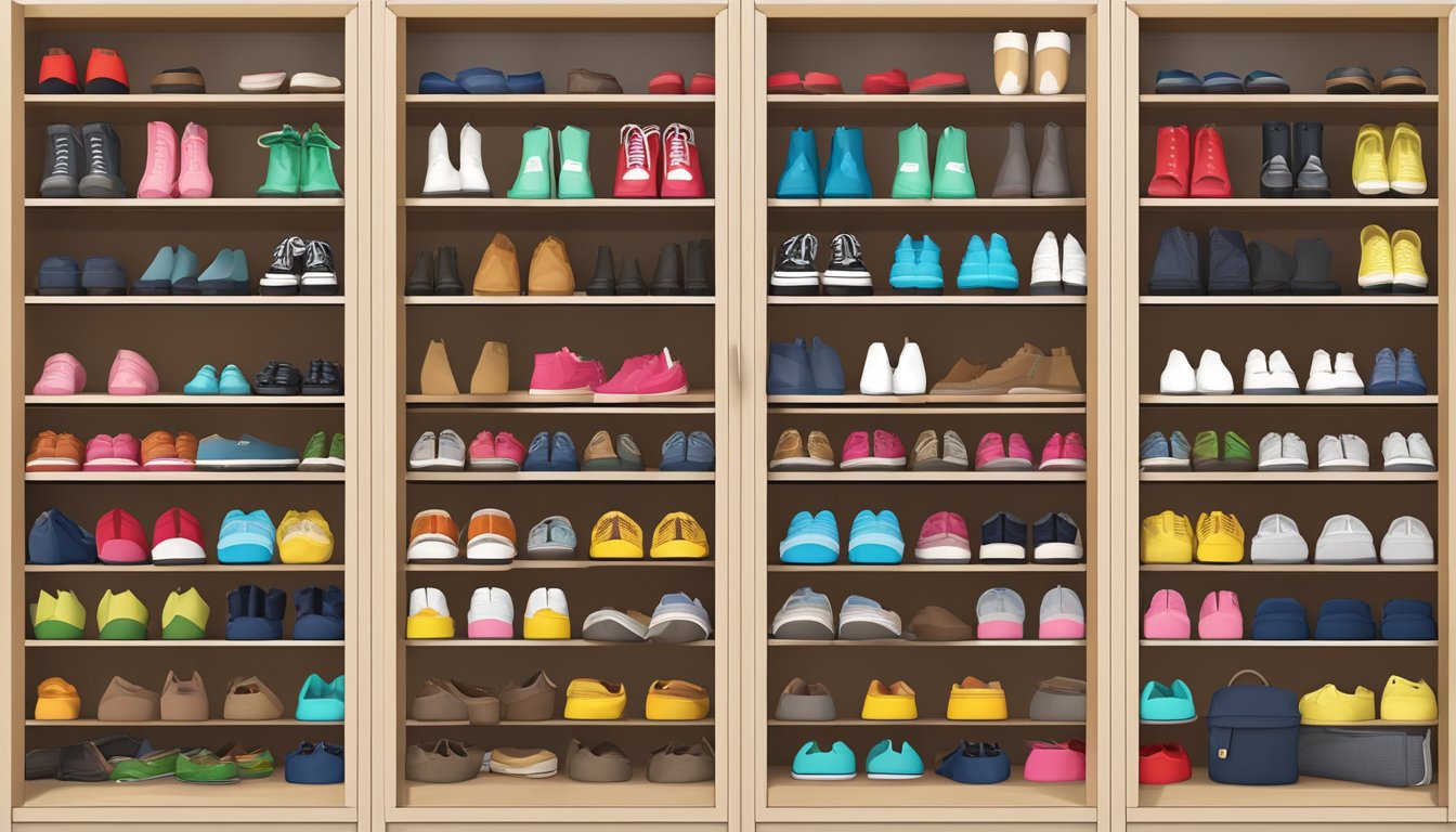 A shoe cabinet, 36 inches wide, 12 inches deep, and 48 inches tall, with two doors and three shelves inside