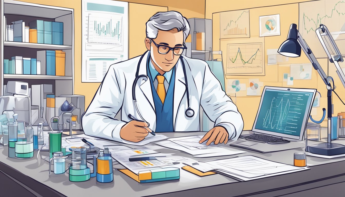 A doctor reviews charts and graphs of the latest cardiology trials, surrounded by medical equipment and research papers