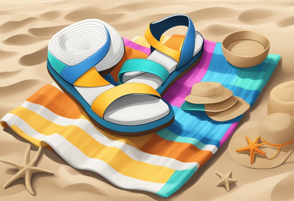 A pair of stylish sandals placed on a sandy beach with a colorful beach towel and a sun hat nearby