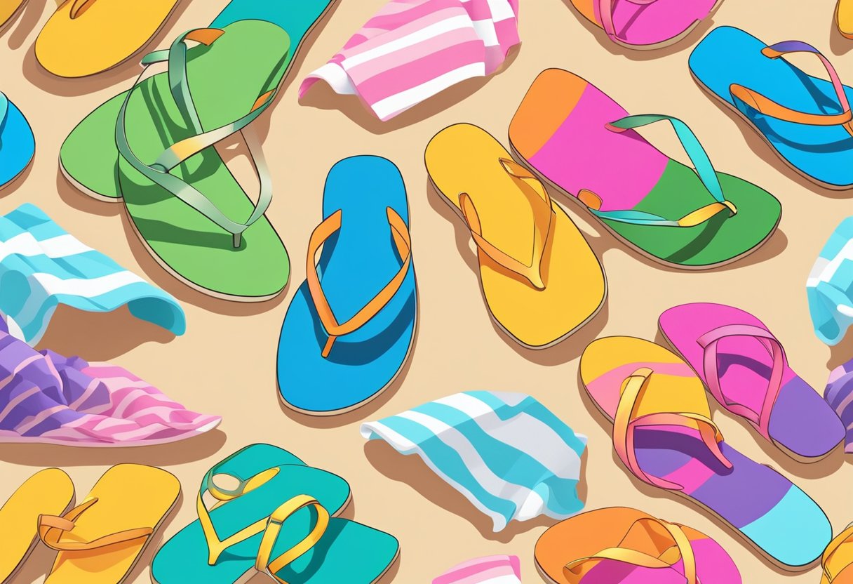 A colorful array of sandals lined up on a sandy beach, surrounded by vibrant beach towels and sun hats. The sun is shining, and a gentle breeze ruffles the palm trees in the background