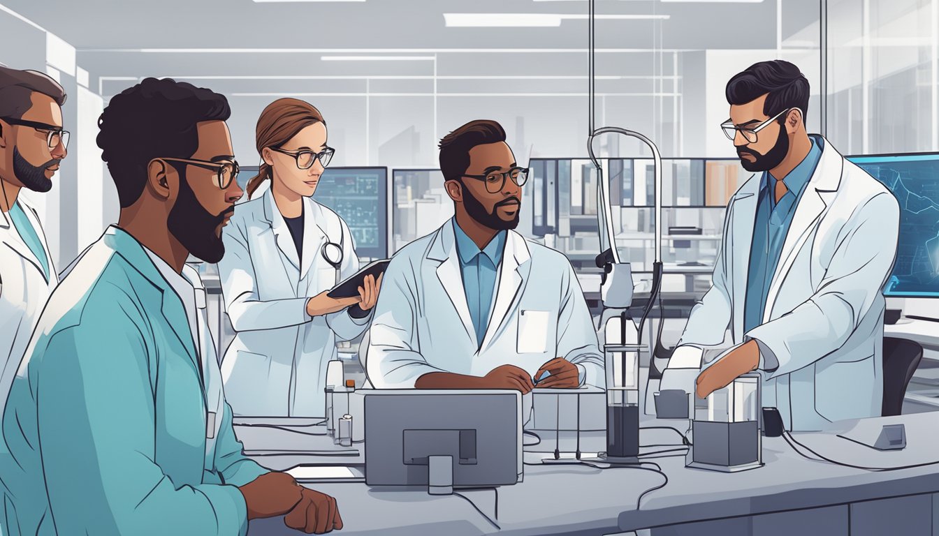 A diverse group of researchers share data on cardiology trials, collaborating in a modern laboratory setting