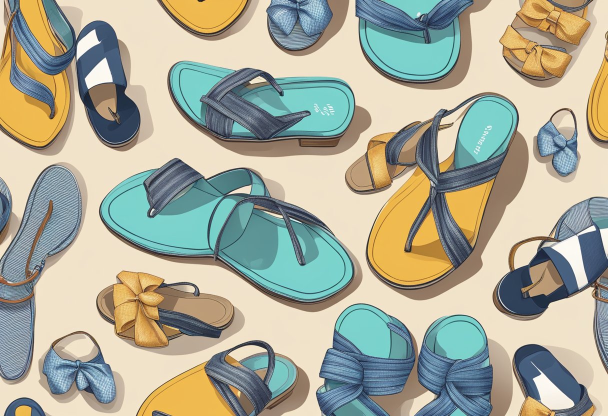 A variety of sandals are laid out next to different summer outfits, showcasing how to coordinate them for a stylish look