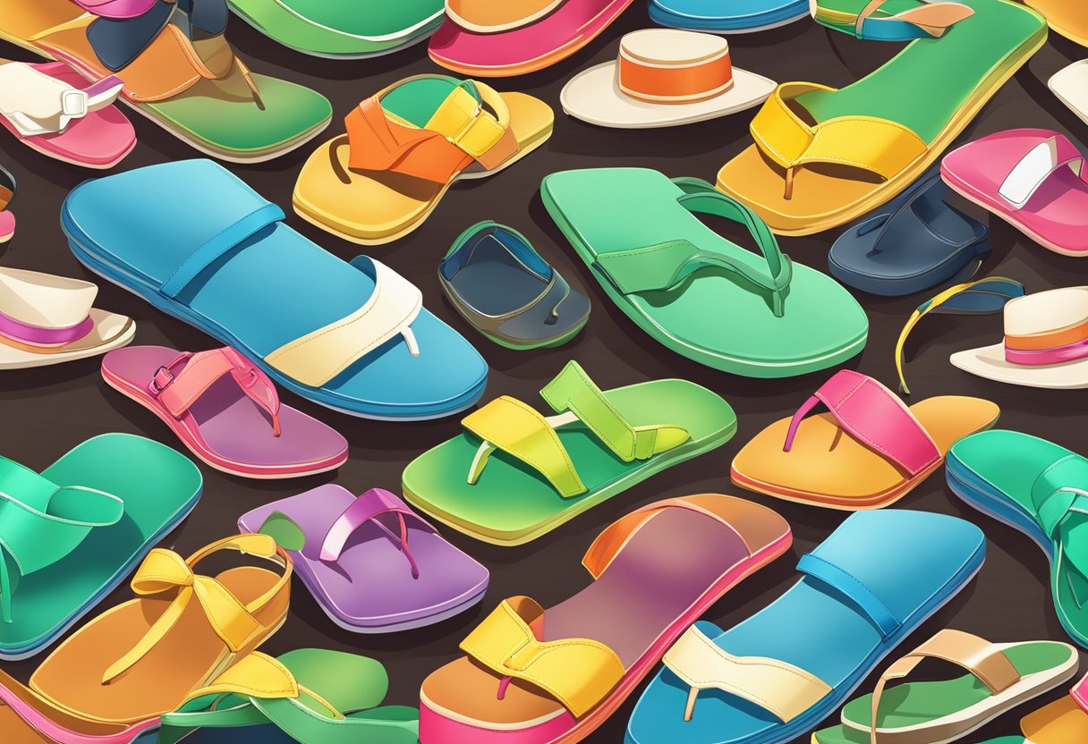 A collection of colorful sandals arranged neatly on a wooden display shelf, surrounded by vibrant summer accessories like sunglasses, hats, and beach bags