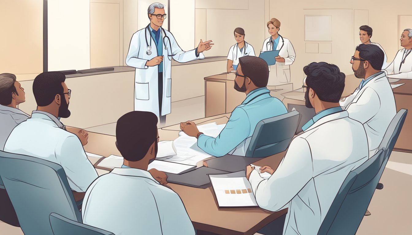 A doctor presenting a chart of new cardiology trials to a group of attentive colleagues